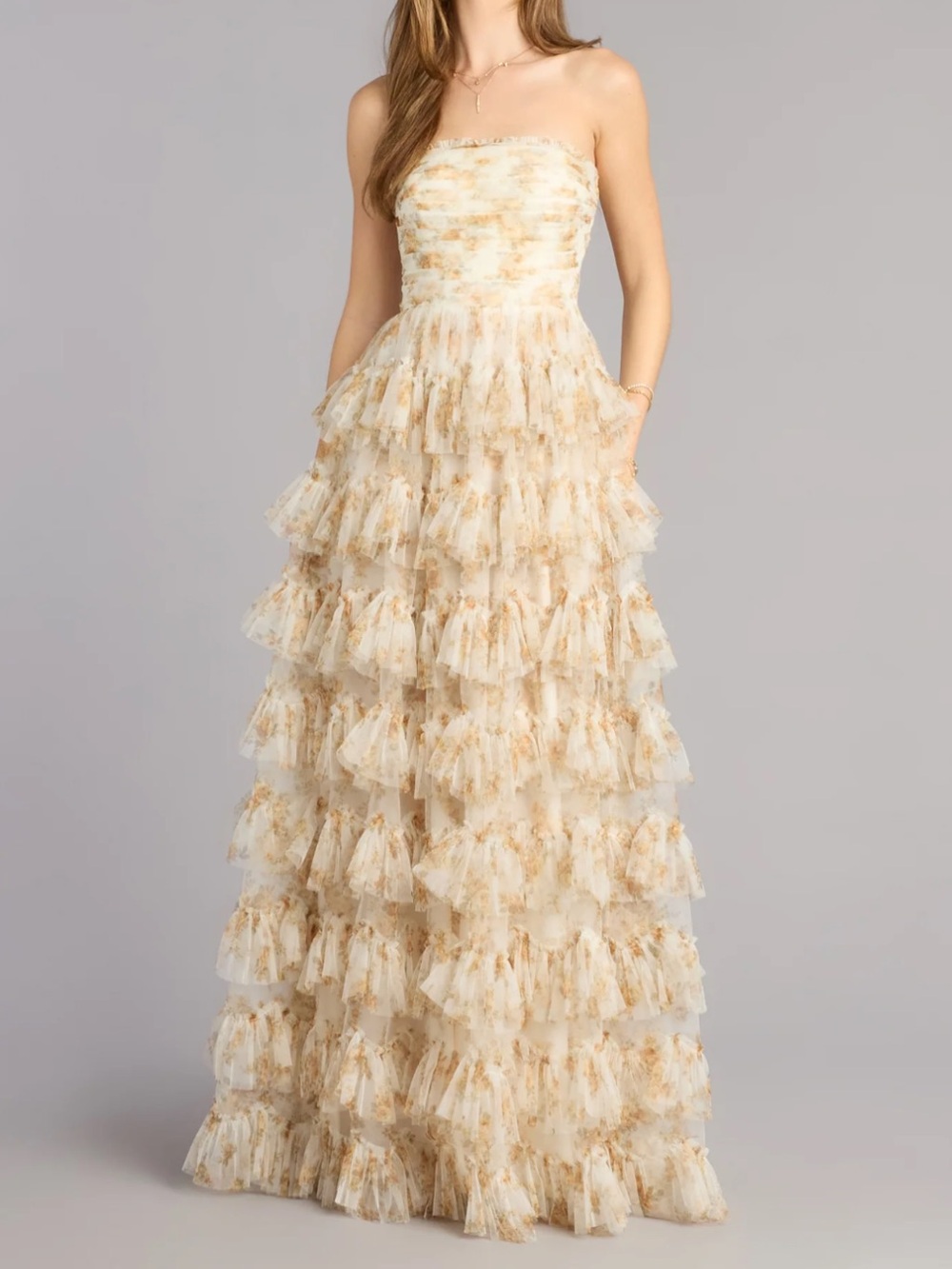 Windsor Strapless Ruffle Maxi Dress in Cream and Gold